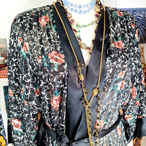 Vintage 80s 90s Floral Maxi Length Robe Womens Medium Stripes Sheer Metallic - Picture 2 of 8